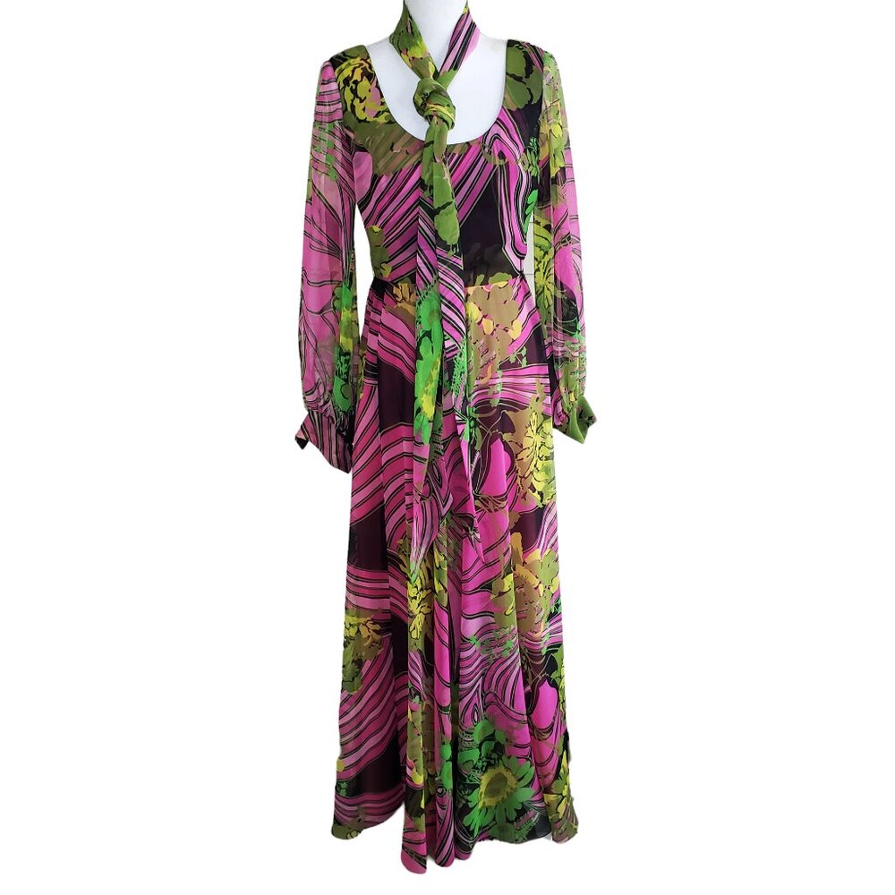 Vintage 70s Super Bright and Colorful extra long flowing maxi Dress w/ sash